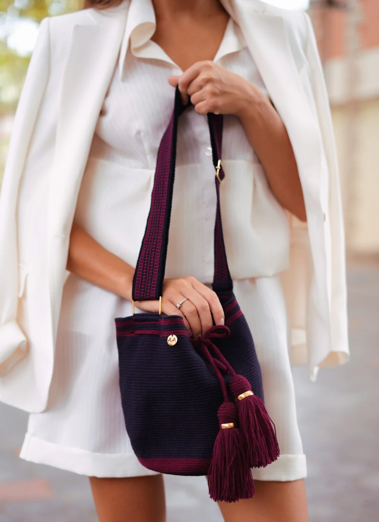 Sac seau Marina Grand Modèle - Bleu Marine, Bordeaux avec bandoulière réglable