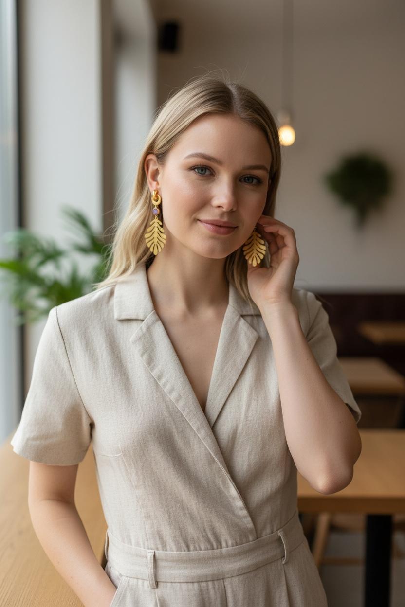 Boucles d'oreilles feuille Monstera et cristal violet x CANOPÉE DORÉE