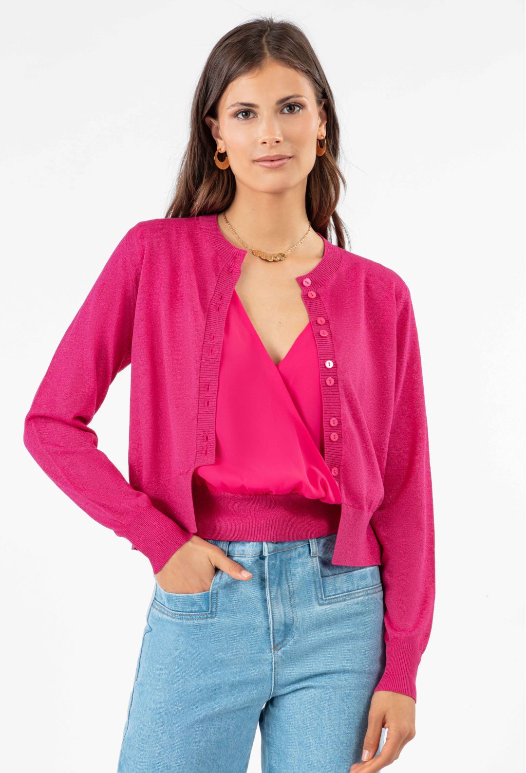 Gilet court Alix en maille fuchsia