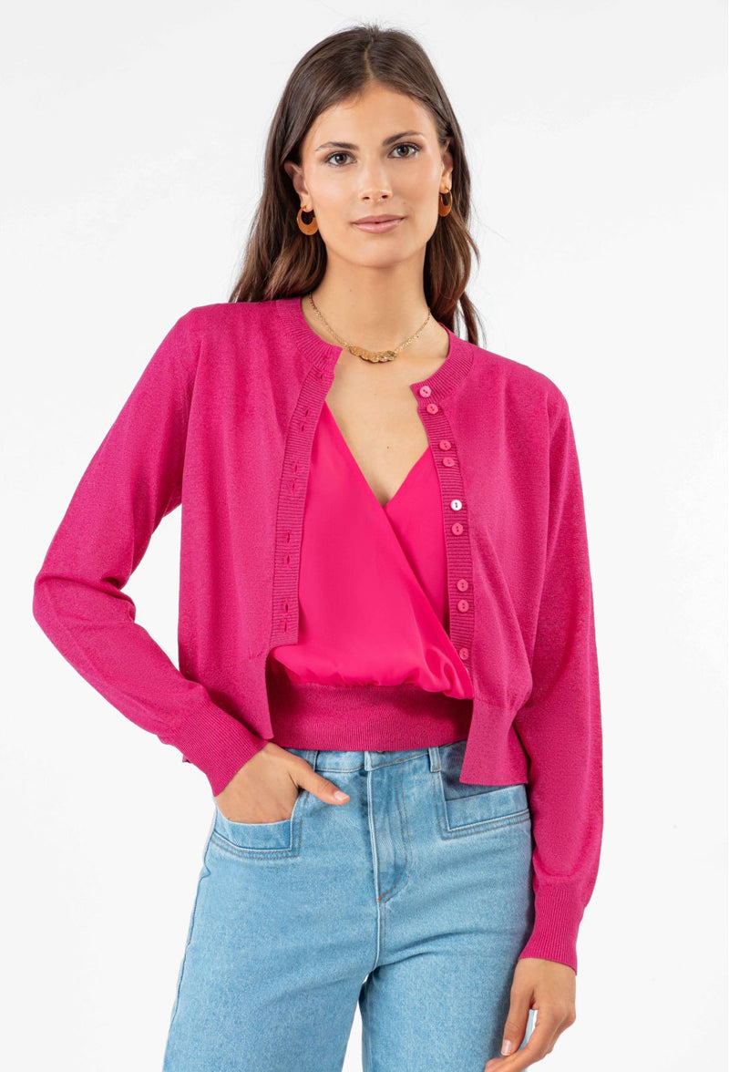 Gilet court Alix en maille fuchsia
