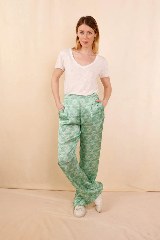 Pantalon ANGE Green Flowers - 100% soie